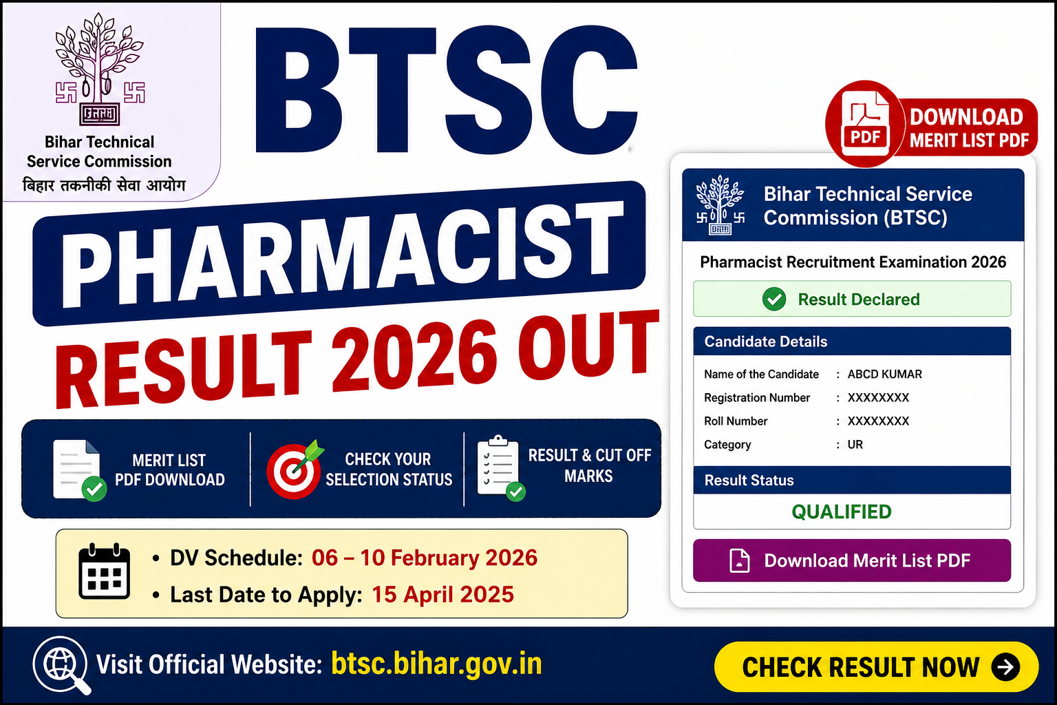 BTSC Pharmacist Result 2026 Out, Download Merit List PDF & Check Selection Status