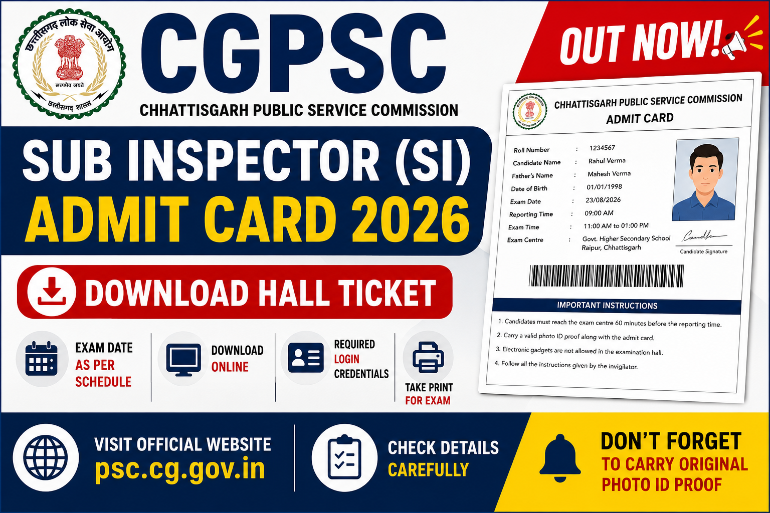 CGPSC Sub Inspector SI Admit Card 2026 Out, Download Hall Ticket Link Active