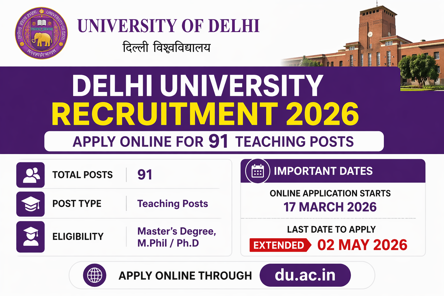 Delhi University Recruitment 2026 Apply Online for 91 Teaching Posts | Last Date 2 May