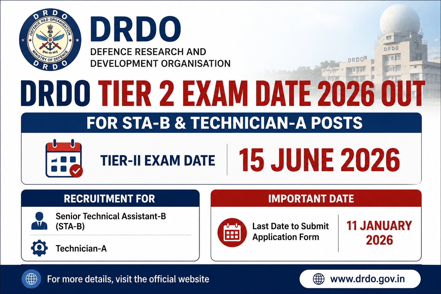 DRDO Tier 2 Exam Date 2026 Out for STA-B & Technician-A Posts – Check Exam Schedule