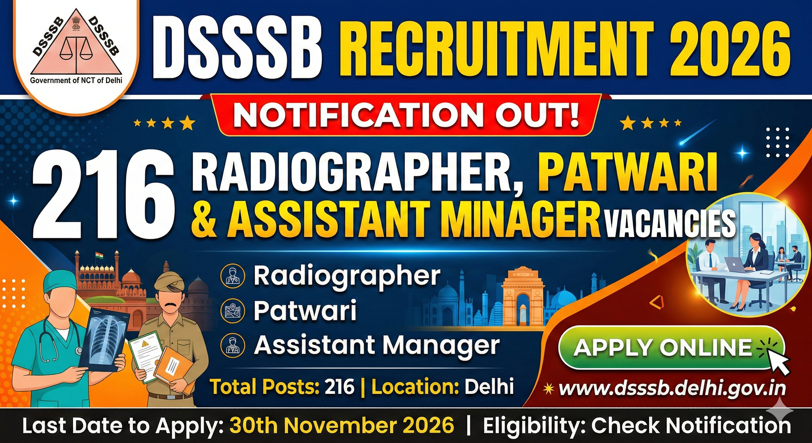 DSSSB Recruitment 2026 Notification Out | 216 Radiographer, Patwari & Assistant Manager Vacancies | 