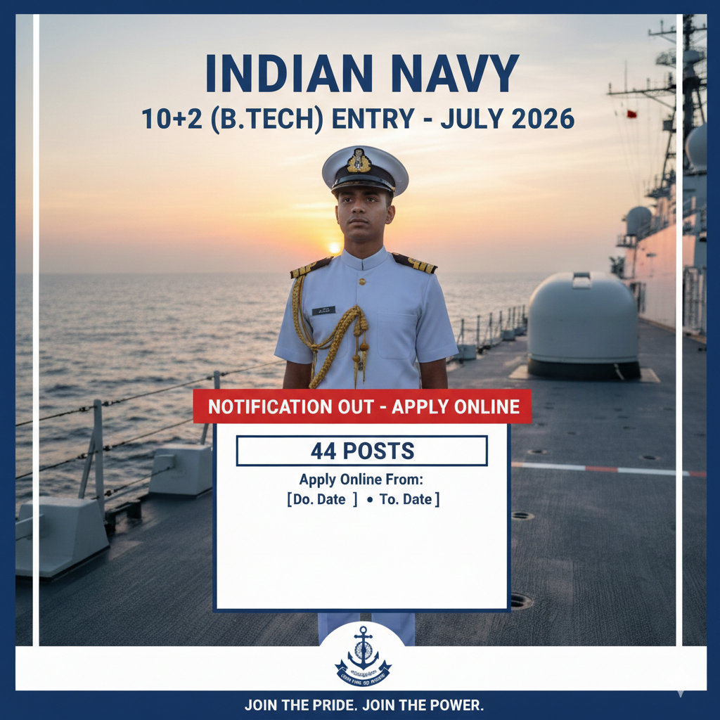 Indian Navy Cadet 10 + 2 (B.Tech)Entry July 2026 Notification Out – Apply Online for 44 Posts