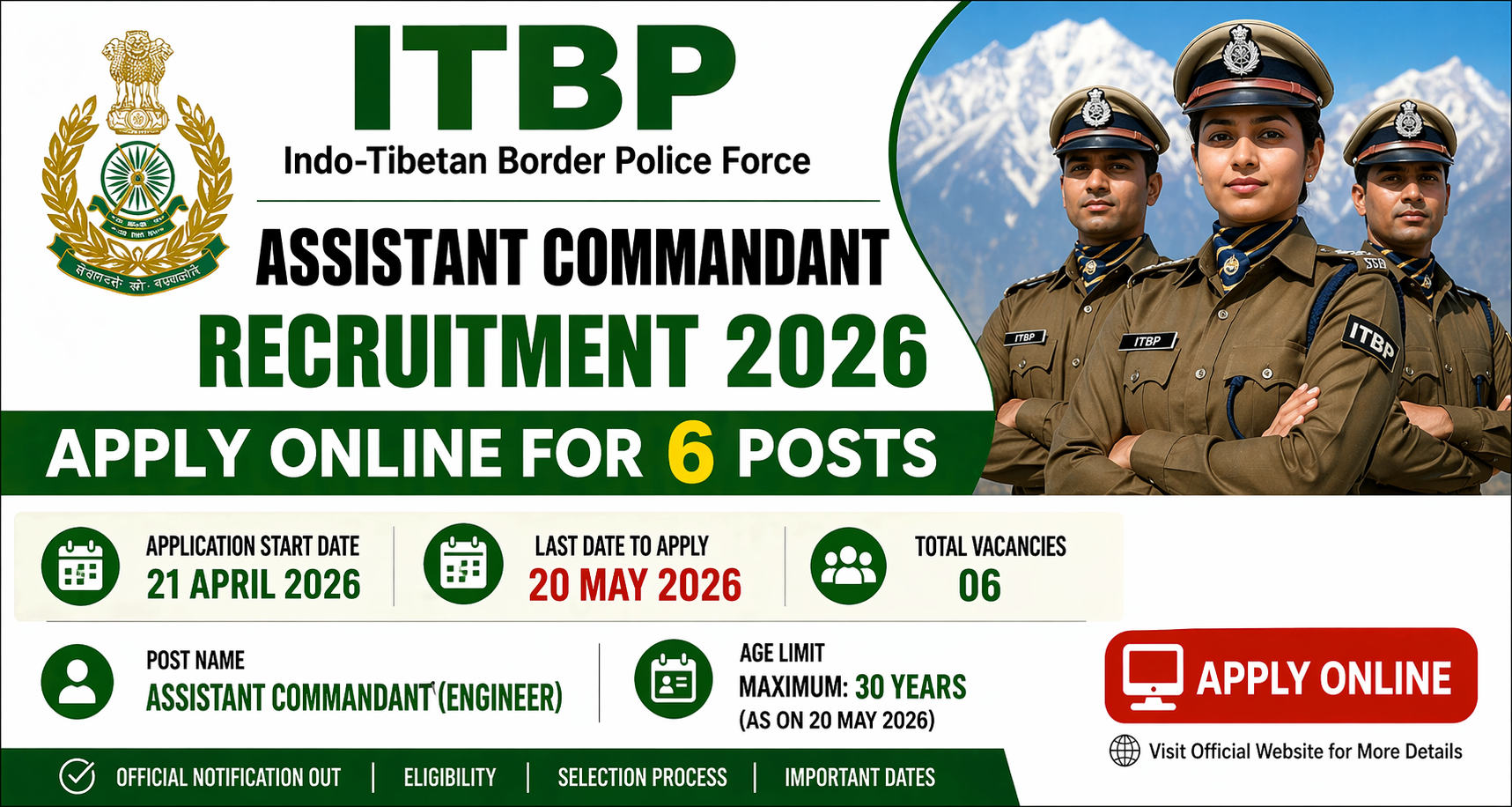 ITBP Assistant Commandant Recruitment 2026 Apply Online for 6 Posts | Last Date 20 May
