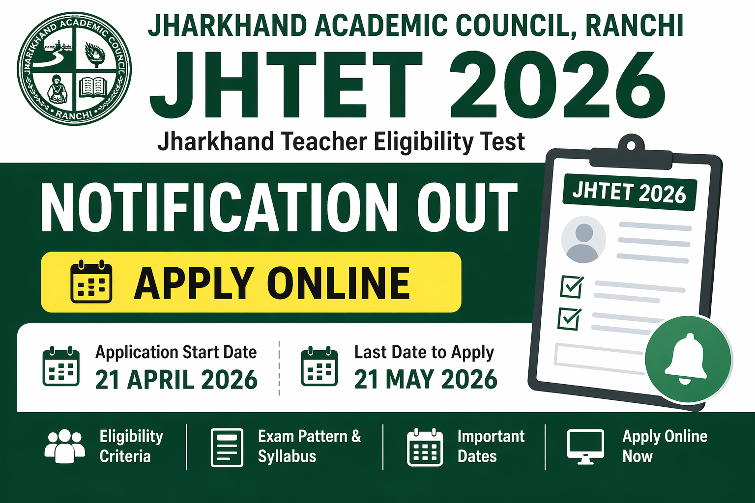 JHTET 2026 Notification Out – Apply Online for Jharkhand TET | Last Date 21 May
