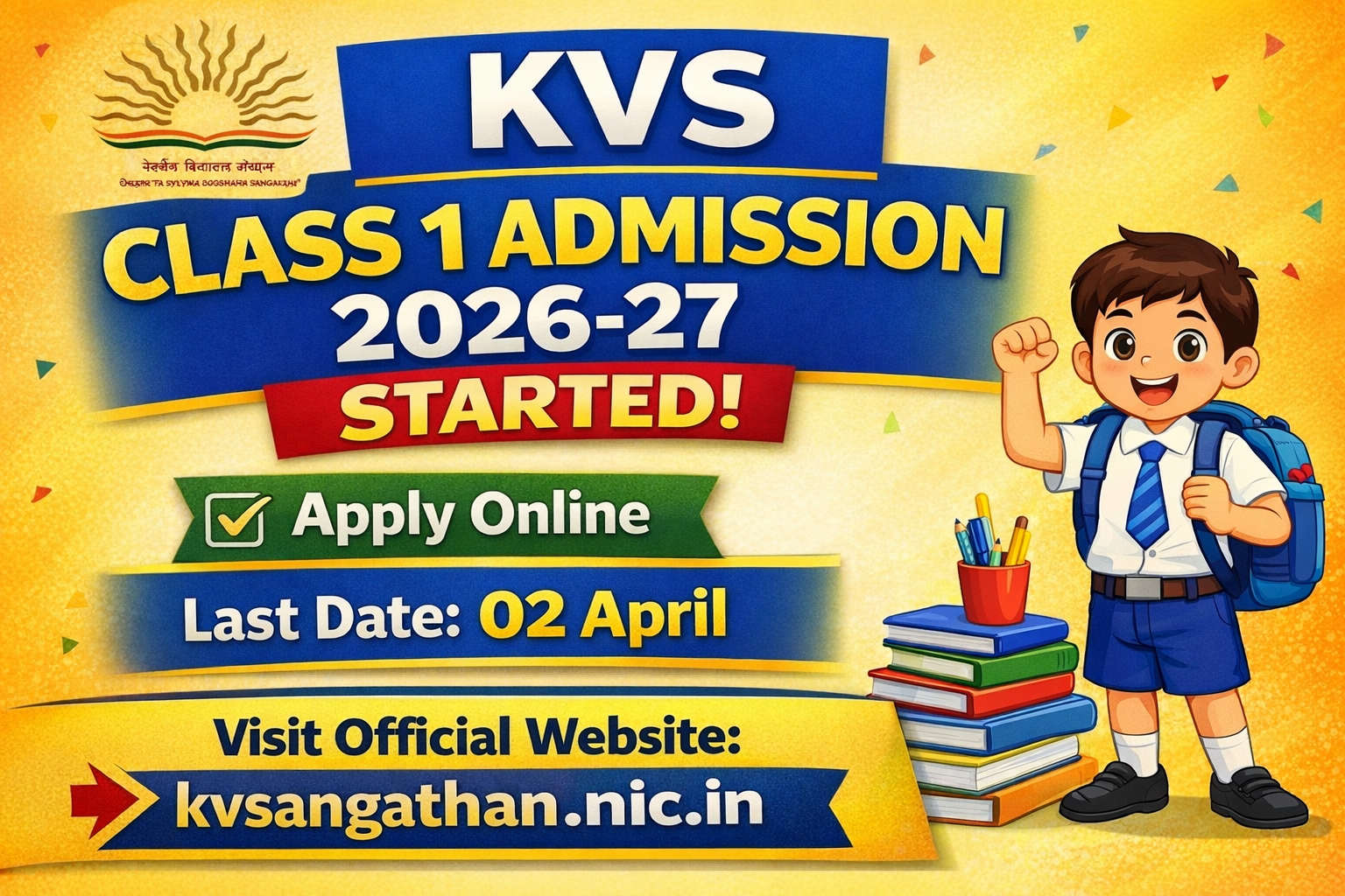 KVS Class 1 Admission 2026-27 Started – Apply Online, Last Date 02 April