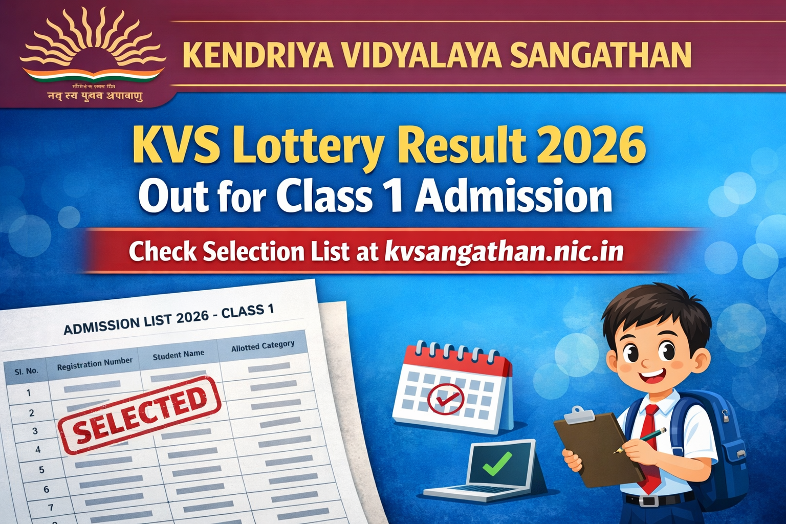 KVS Lottery Result 2026 Out for Class 1 Admission, Check Selection List at kvsangathan.nic.in