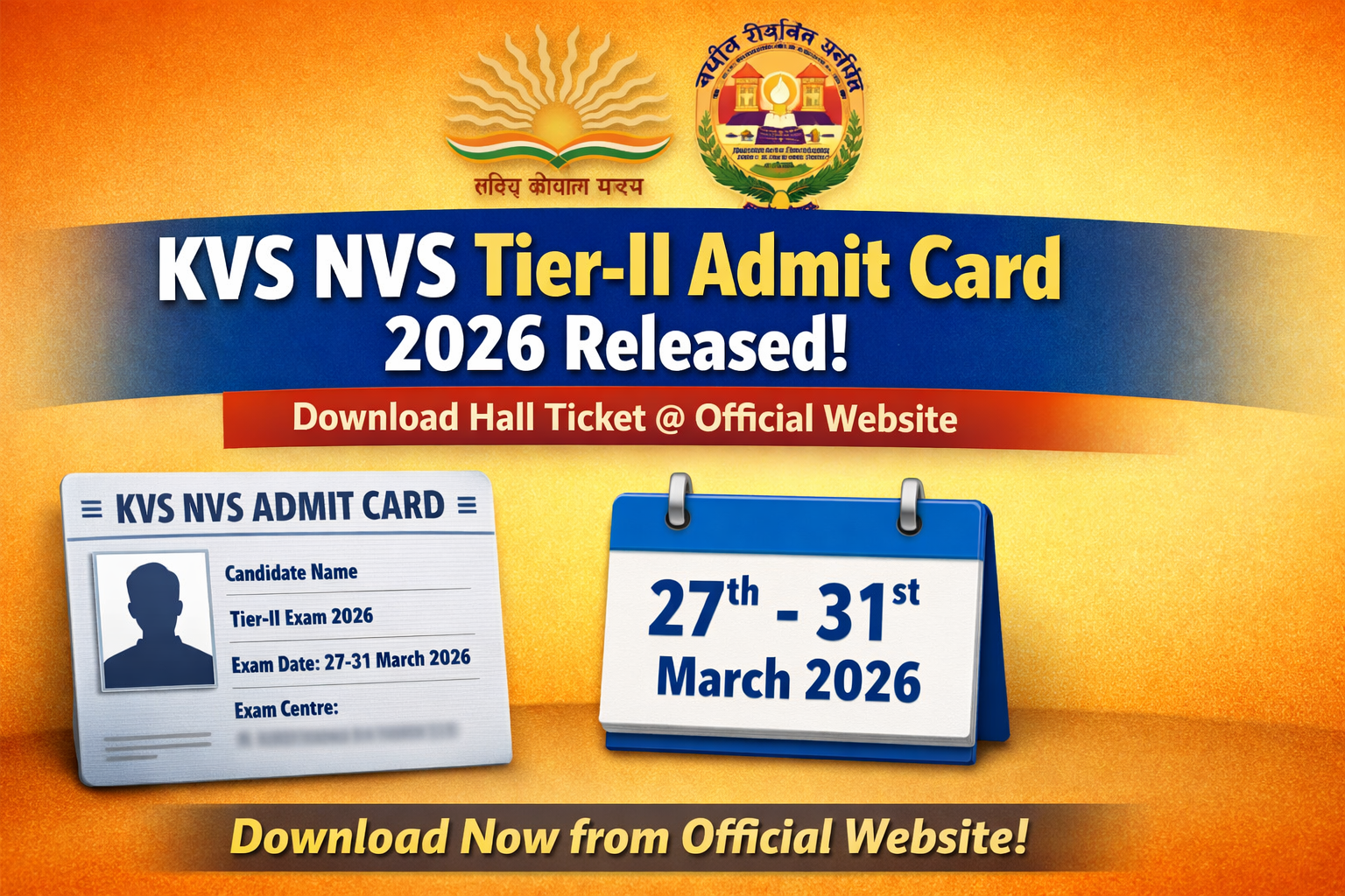 KVS NVS Tier-II Admit Card 2026 Released, Download Hall Ticket @ Official Website
