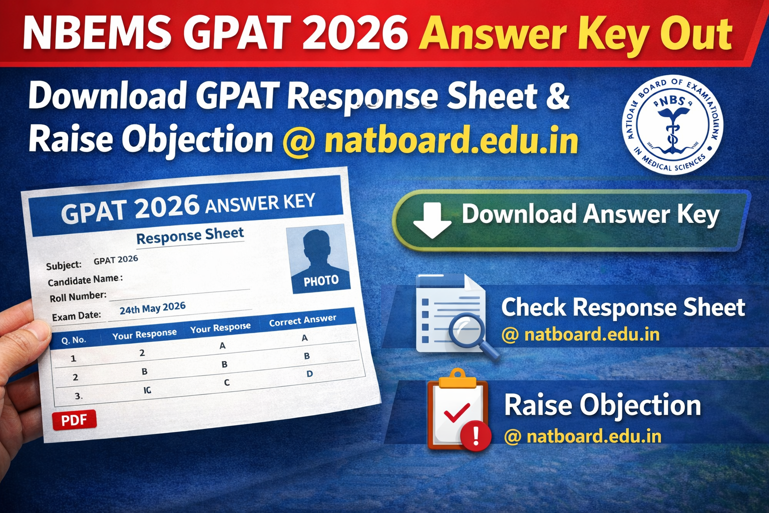 NBEMS GPAT 2026 Answer Key Out | Download GPAT Response Sheet & Raise Objection @ natboard.edu.in