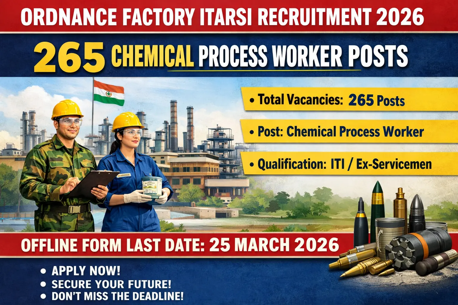 Ordnance Factory Itarsi Recruitment 2026 for 265 Chemical Process Worker Posts