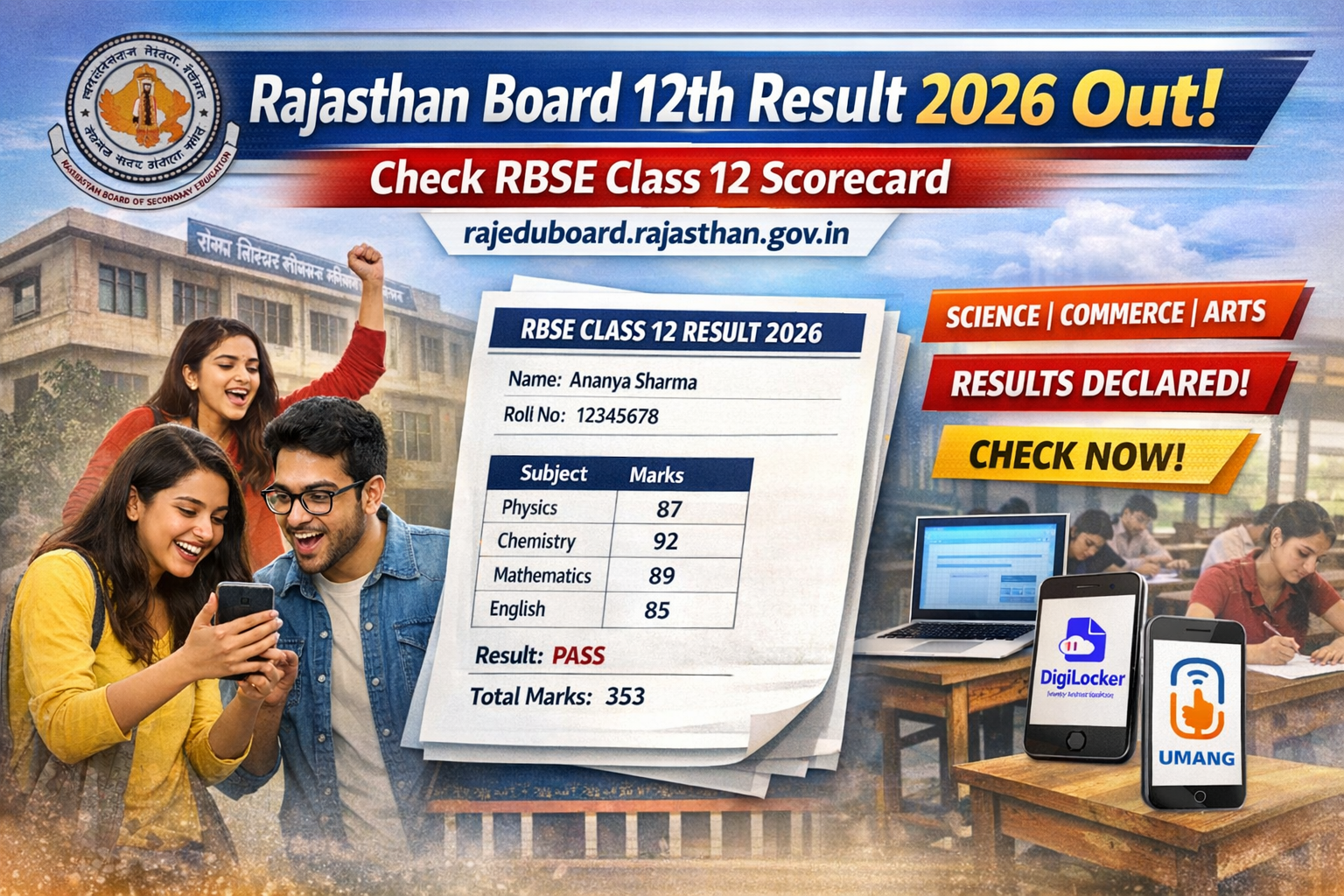 Rajasthan Board 12th Result 2026 Out at rajeduboard.rajasthan.gov.in, Check RBSE Class 12 Scorecard