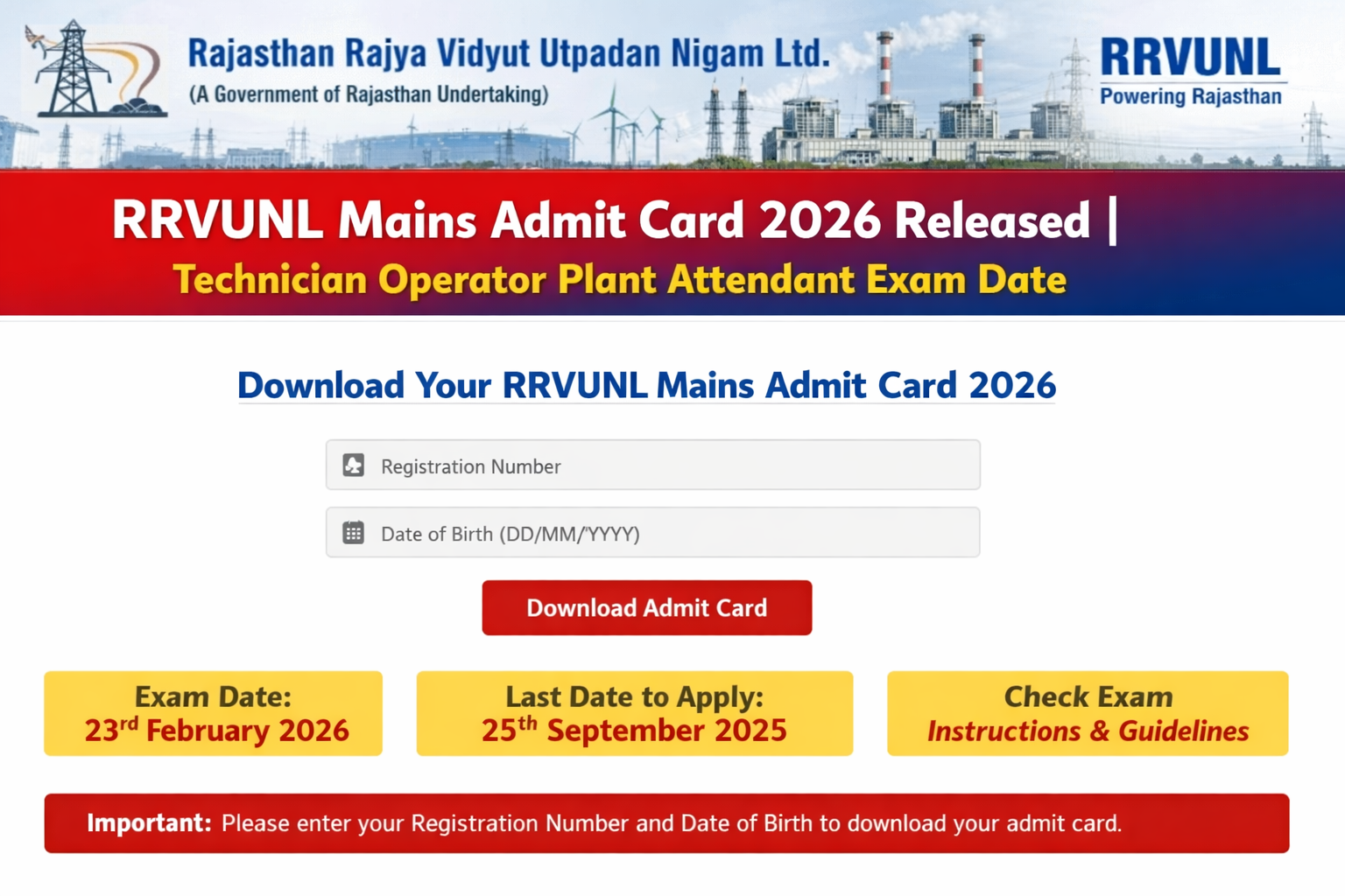 RRVUNL Technician Various Post Mains Admit Card 2026 Released