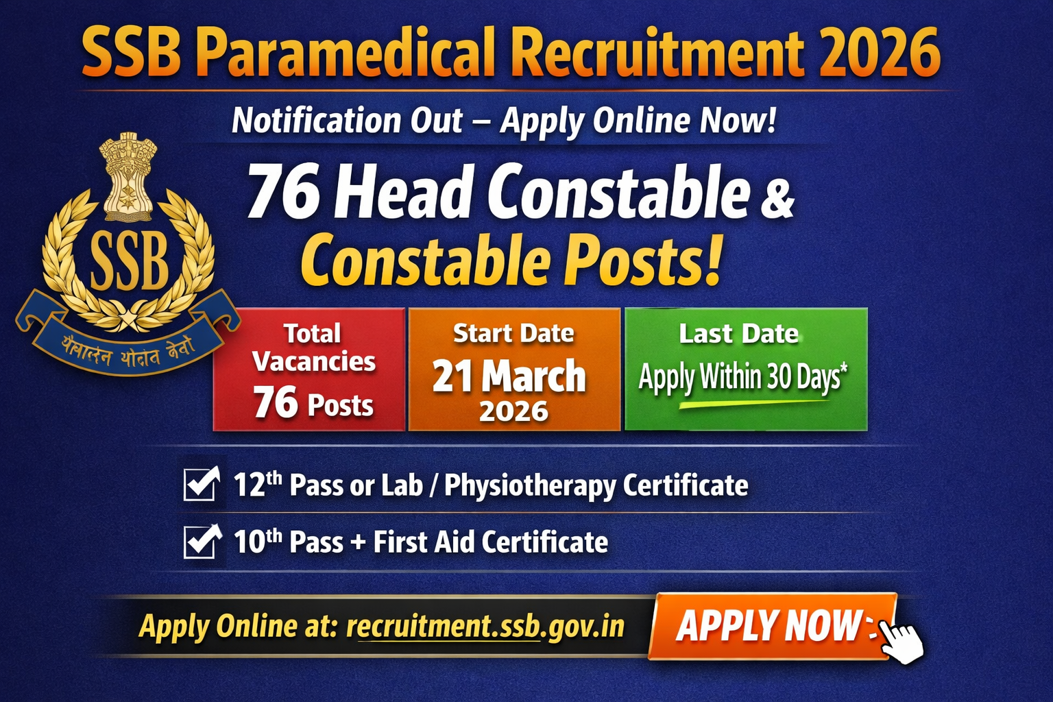 SSB Paramedical Recruitment 2026 Notification Out – Apply Online for 76 Head Constable & Constable P