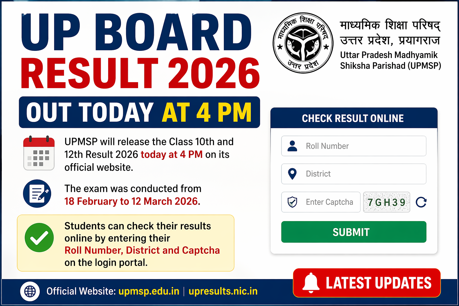 UP Board Result 2026 Out Today at 4 PM – Check UPMSP Class 10th & 12th Results Online