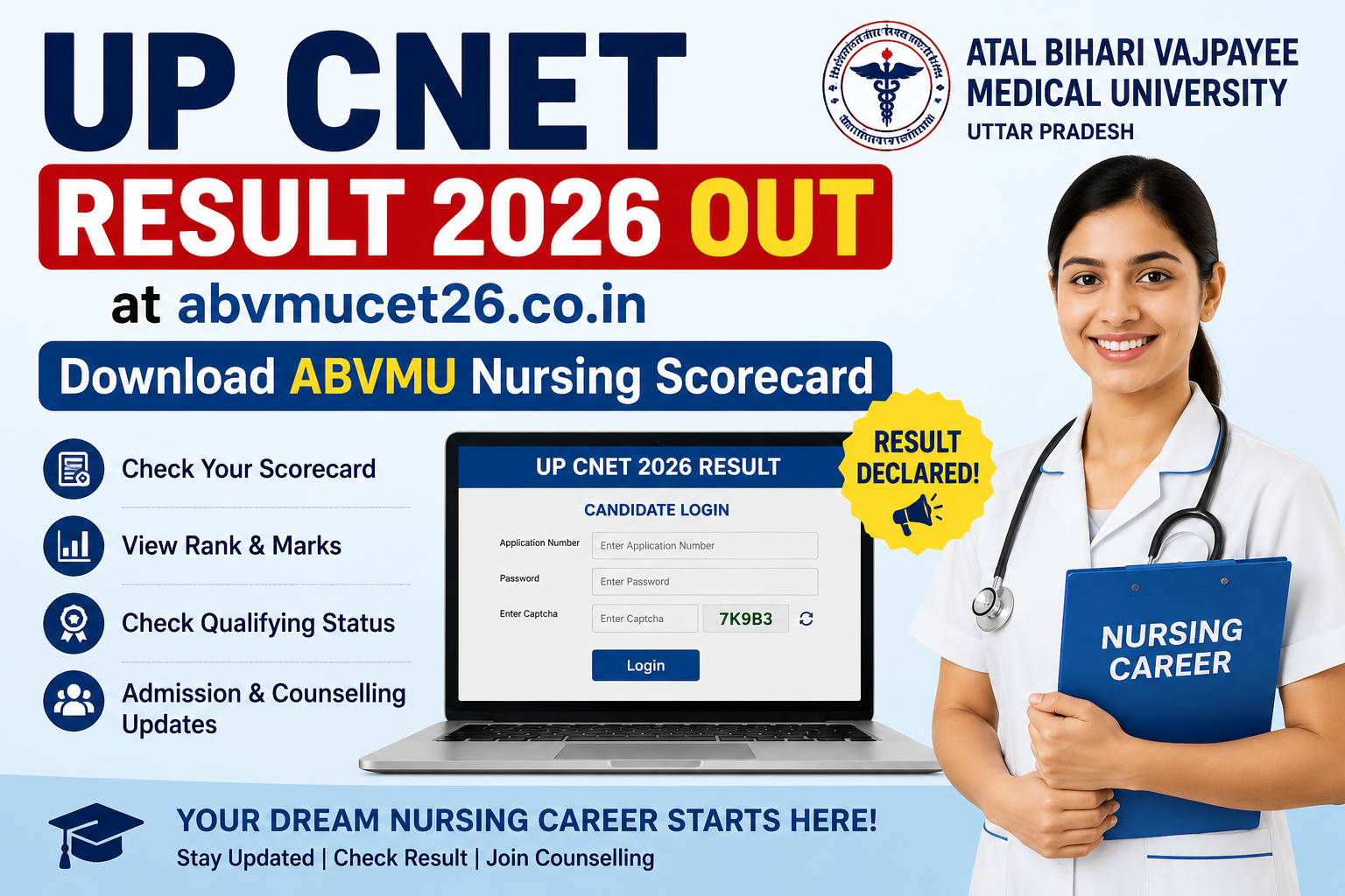 UP CNET Result 2026 Out at abvmucet26.co.in, Download ABVMU Nursing Scorecard