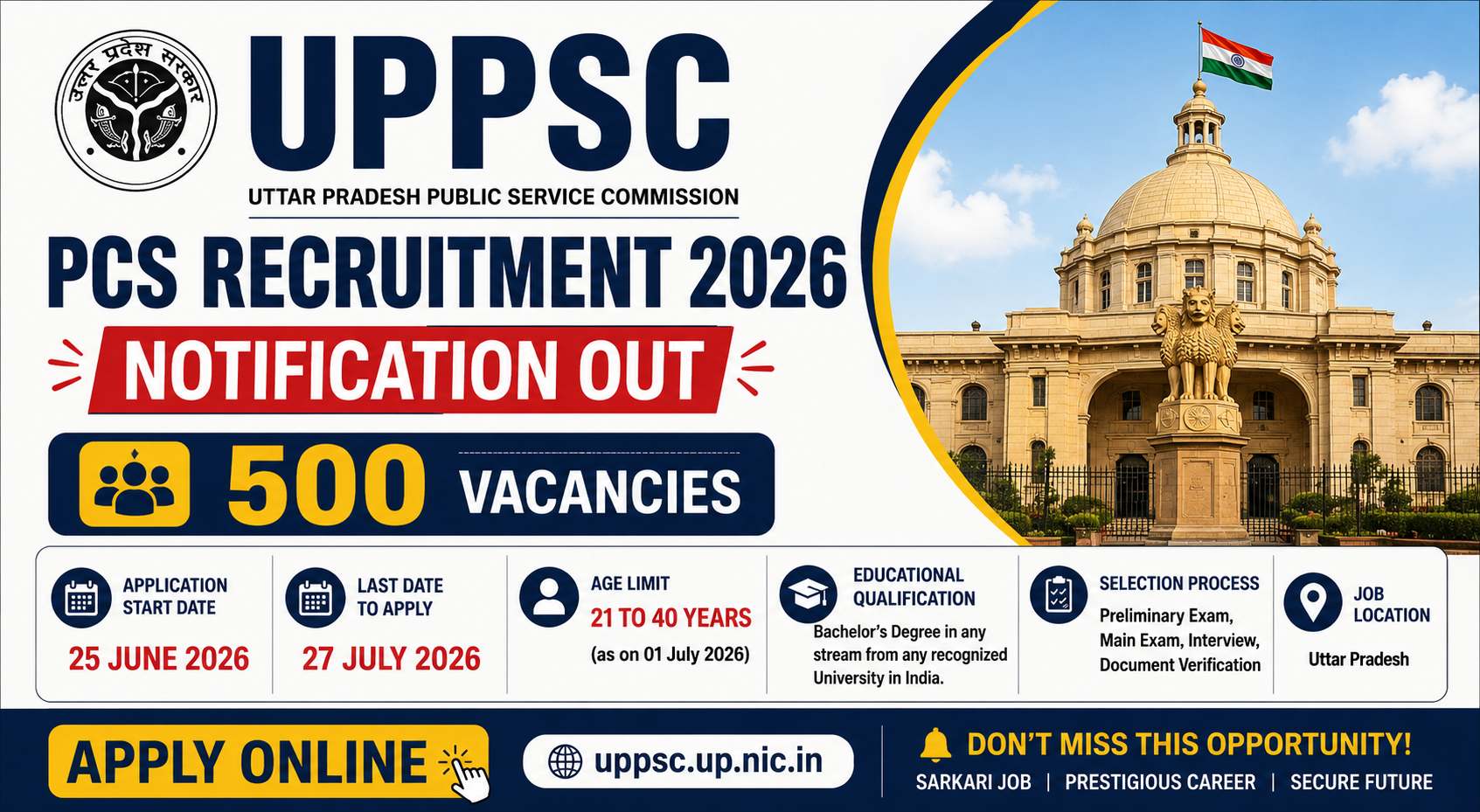UPPSC PCS Recruitment 2026 Notification Out for 500 Posts, Apply Online