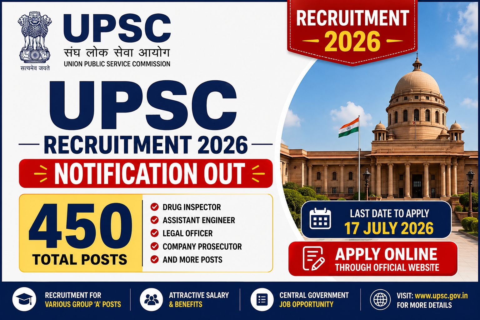 UPSC Recruitment 2026 Notification Out for 450 Posts, Apply Online